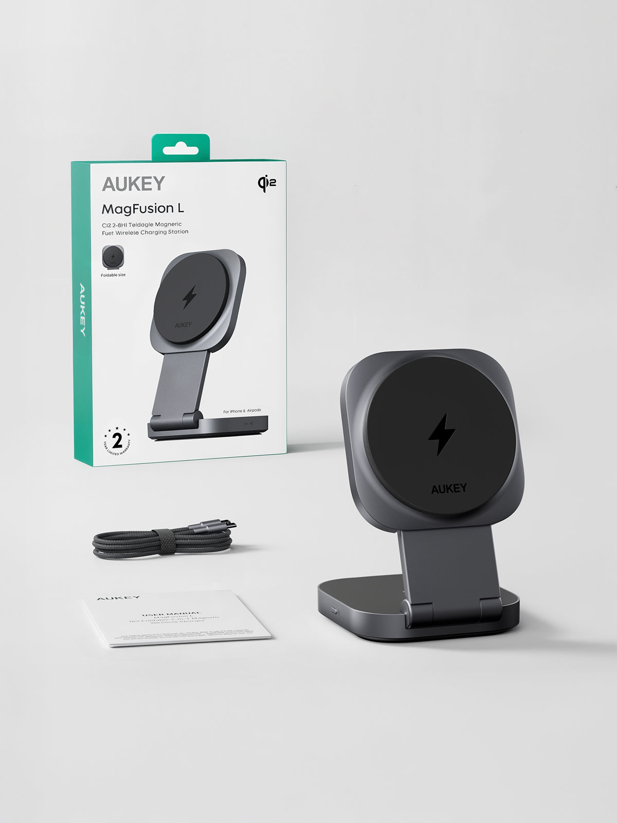AUKEY MagFusion L Qi2 15W 2-in-1 Foldable Magnetic Wireless Charger for iPhone, AirPods, Samsung & Galaxy Buds – LC-MC211