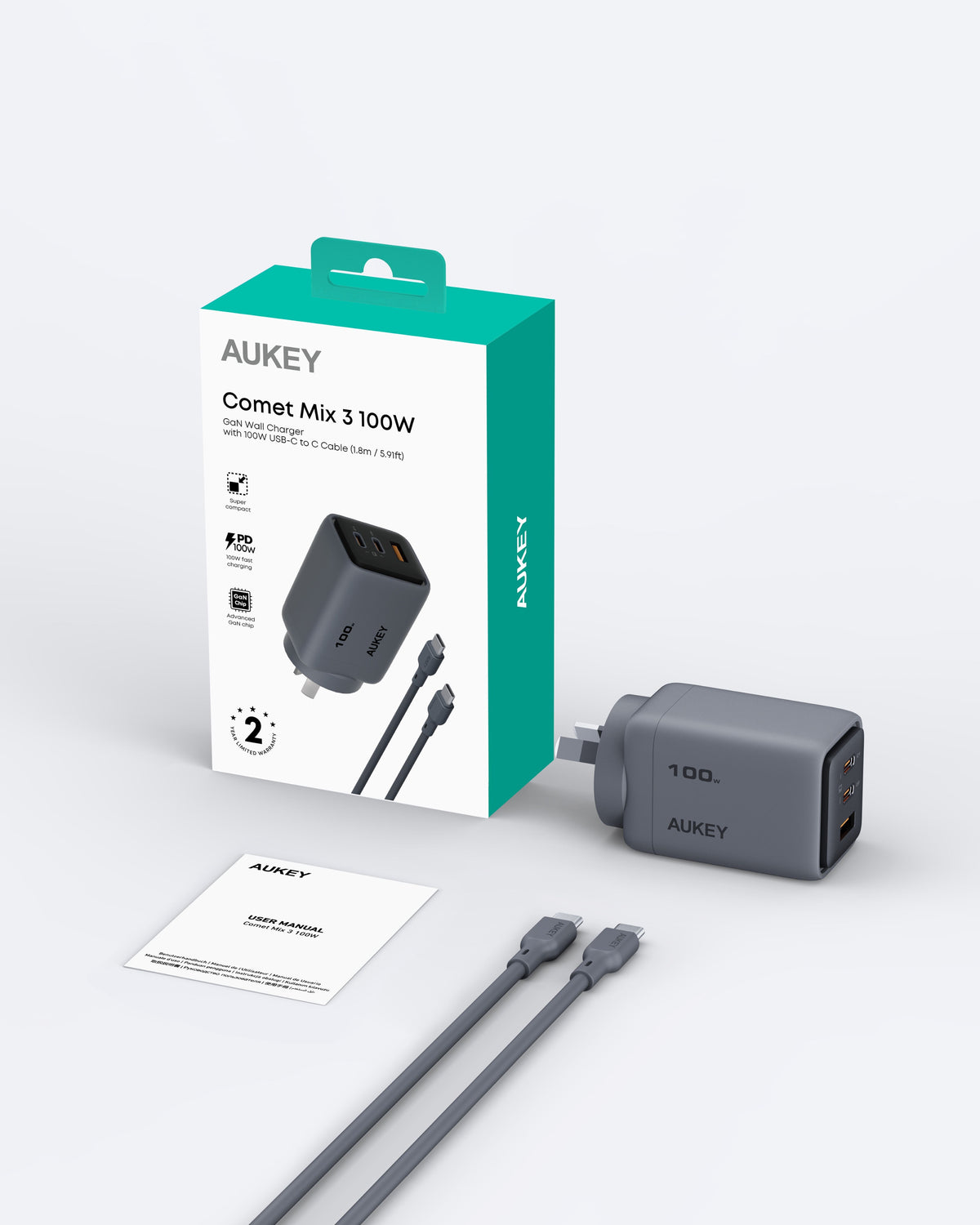 AUKEY Comet 100W GaN 3-Port USB-C & USB-A Fast Wall Charger with 1.8m 100W USB-C Cable for Laptops, MacBook, iPads & Phones – PA-C5