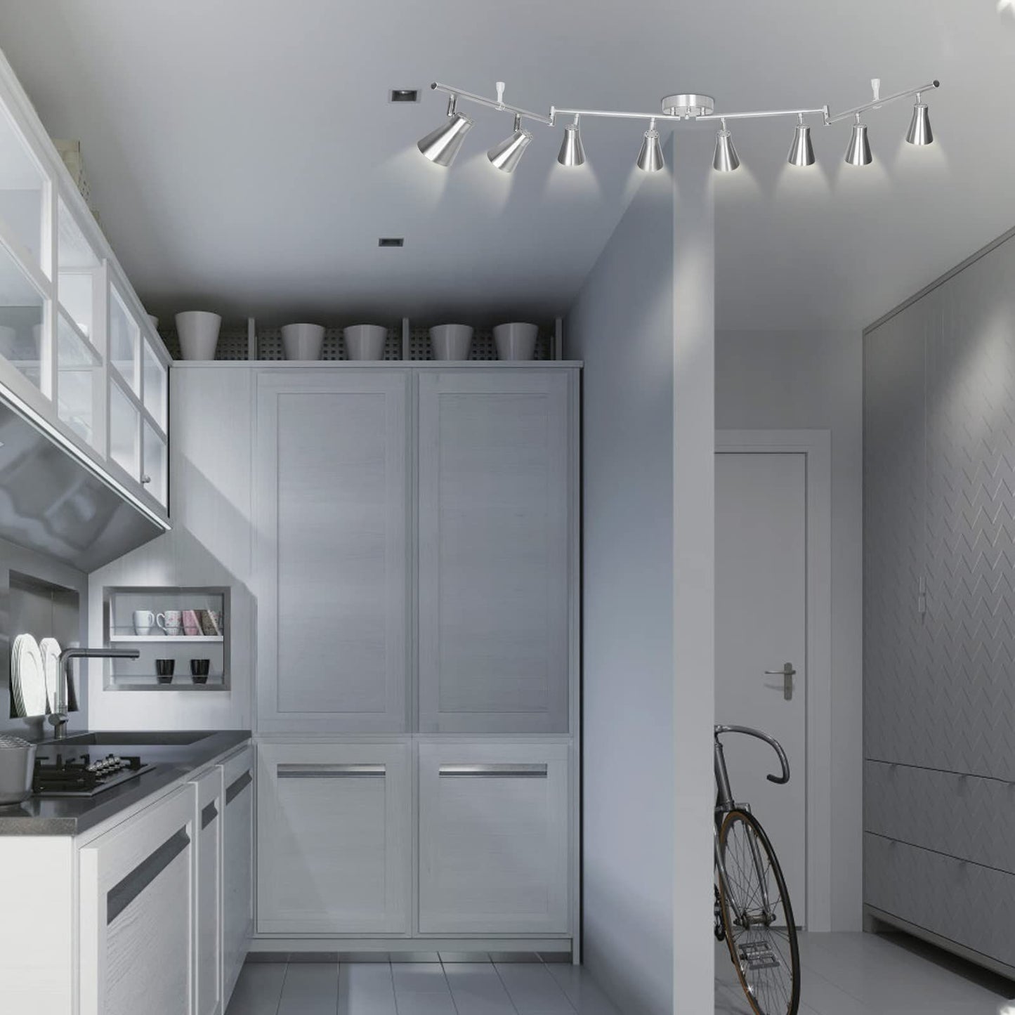 LED 8 Light Track Lighting Fixture Flexible, Adjustable Ceiling Spot Light with GU10 Track Light Head, Accent Lighting Foldable Swing Arm Brushed Nickel(Bulbs Not Included)