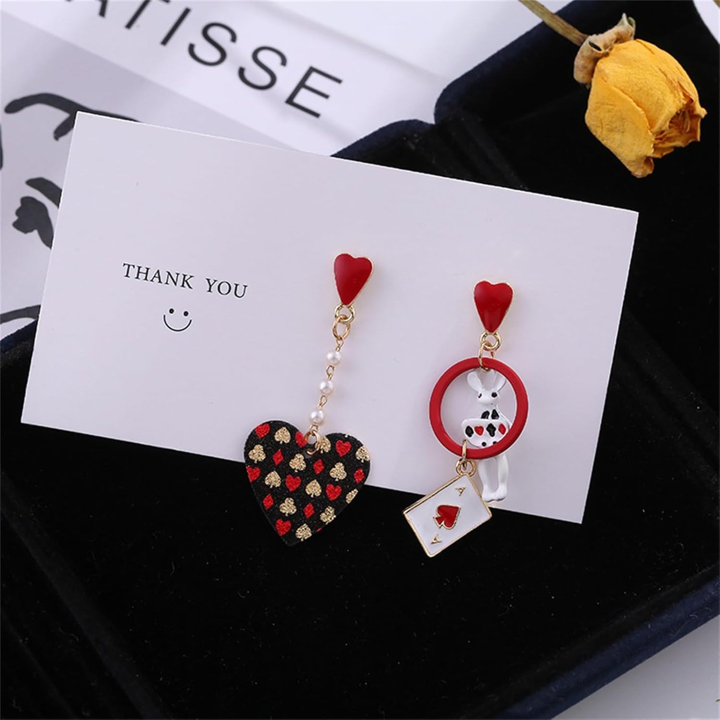 Playing Card Earrings for Women Red Heart Queen Poker Earrings Delicate Fashion Asymmetric Rabbit Love Heart Pearl Poker Dangle Drop Earrings Gambling Casino Chic Jewelry