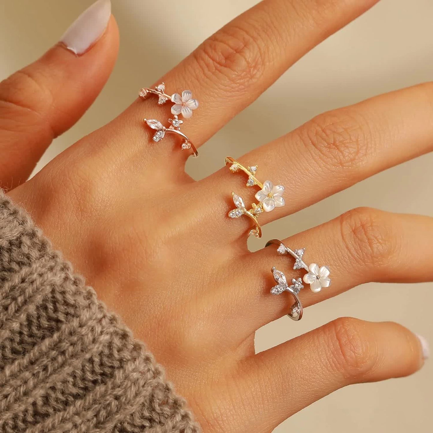 925 Sterling Silver Dainty Camellia Leaf CZs Ring for Women 14K Gold Plated Adjustable Leaves Leaf Laurel Ring to Daughter Mom White Shell Elegant Floral Crystal Finger Rings Wedding Birthday Jewelry