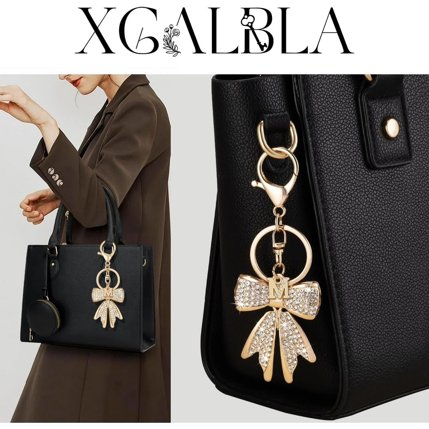 Sparkly Cute Initial Letter Rhinestone Bow Keychain for Women Gold Tone Bag Charms Coquette Aesthetic Purse Charms