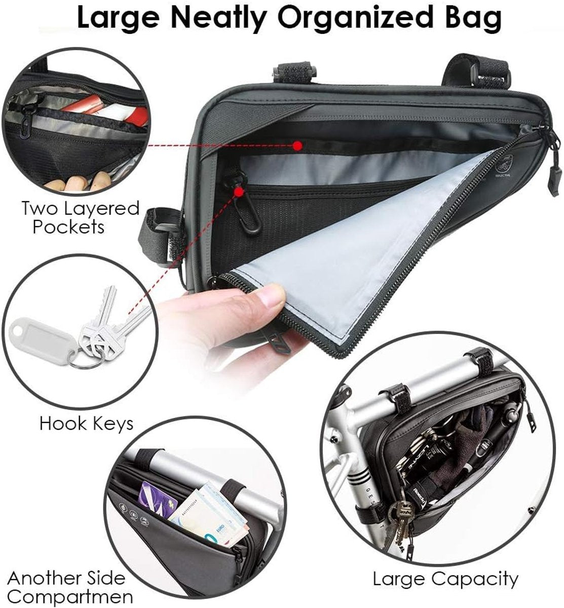 Bicycle pannier - Bicycle frame bag - Bicycle frame bag - Triangular bicycle frame bag - Storage bag - Reflective bicycle bag - Mountain bike, road bike accessories, large capacity - Black