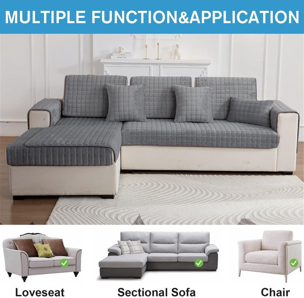 Sofa cover - Corner sofa cover - Flannel sofa cover - Winter - Winter sofa cover - Sofa cover - Corner sofa cover (1/2/3/4 seater) - L-shaped sofa cover - Grey - 90 x 90 cm