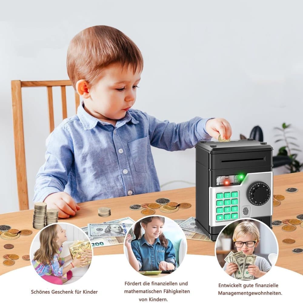 Kids Electronic Piggy Bank with Fingerprint & Password Protection, Automatic Saving Function, Mini Cabinet, Black
