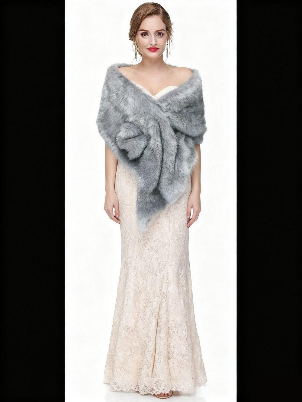 Faux Fur Scarf Shawl for Women, Warm Long Large, with Faux Fur Trim, Gray