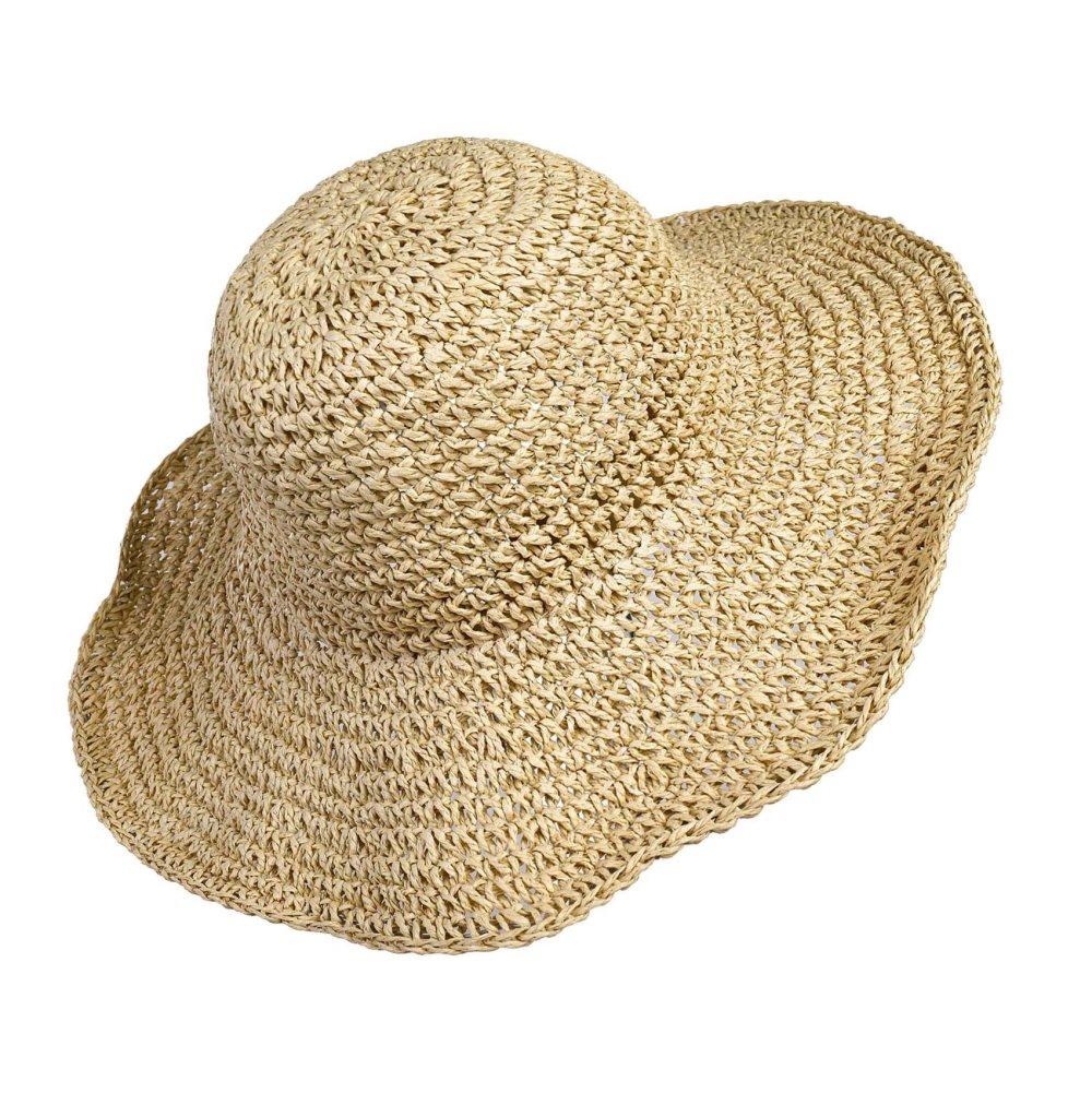 Women's Foldable Sun Hat Braided Wide Brim Beach Hat, Light and Breathable, 57-59 cm, Beige