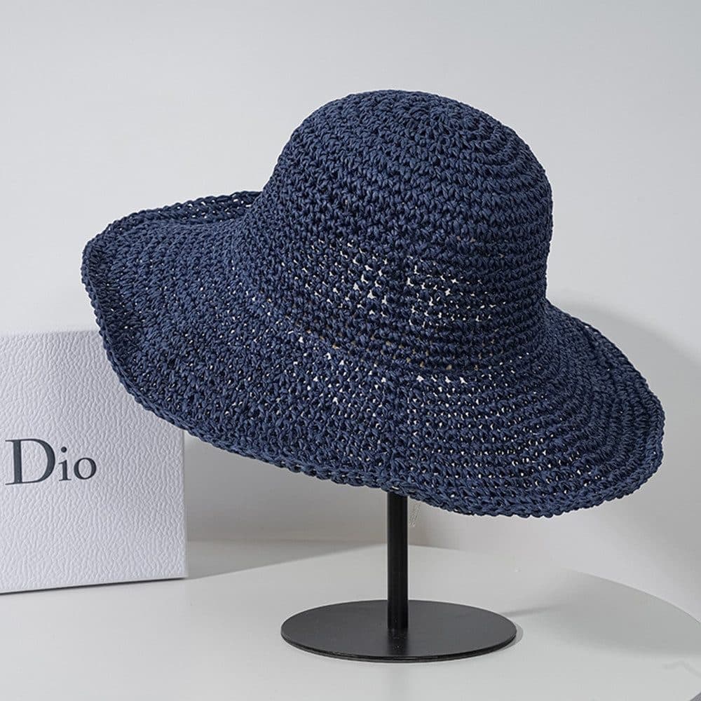 Women's Foldable Sun Hat Braided Wide Brim Beach Hat, Light and Breathable, 57-59 cm, Dark Blue
