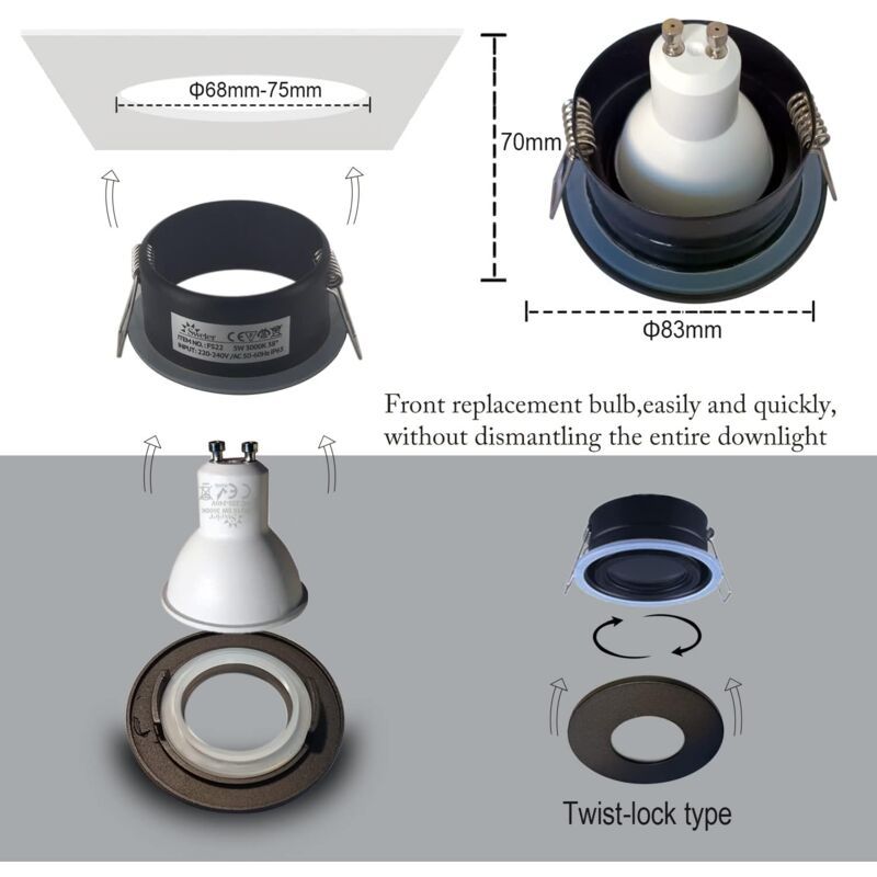 4 Pack Recessed Spotlights, LED 5W 3000K Warm White, IP65 Waterproof, Satin Nickel Black, Cutout 68 mm