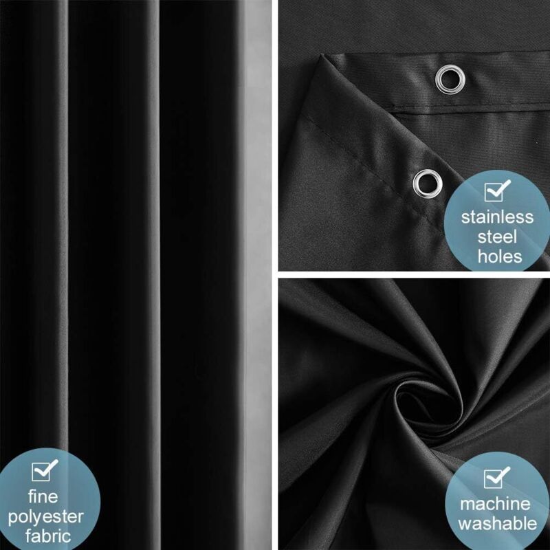 Anti Mildew Black Polyester Shower Curtain with Hooks, 100 x 180 cm