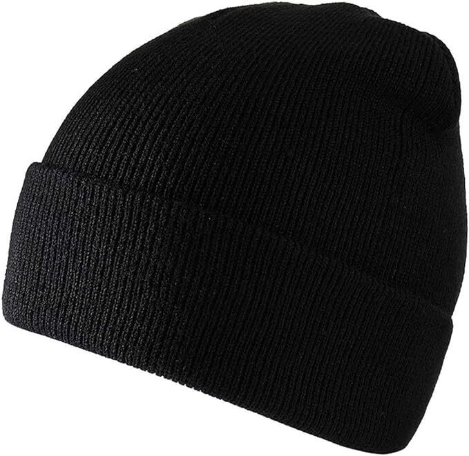 Plain Knit Beanie Hat, Unisex Winter Warm Ski Cap, One Size, Black