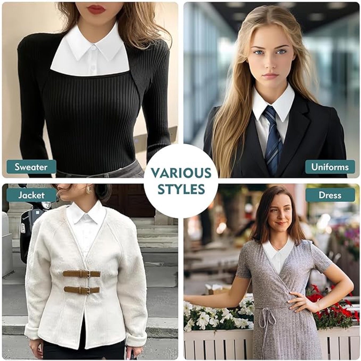 Set of 2 Women's Shirt Collars - Detachable Pointed Collar Basic - Collars for Women - Detachable Women's Collars to Wear Undergarments - Shirt Collar - Shirt Collar - Faux Detachable Collar - Shirt Replacement - One Size Adjustable - Black and White