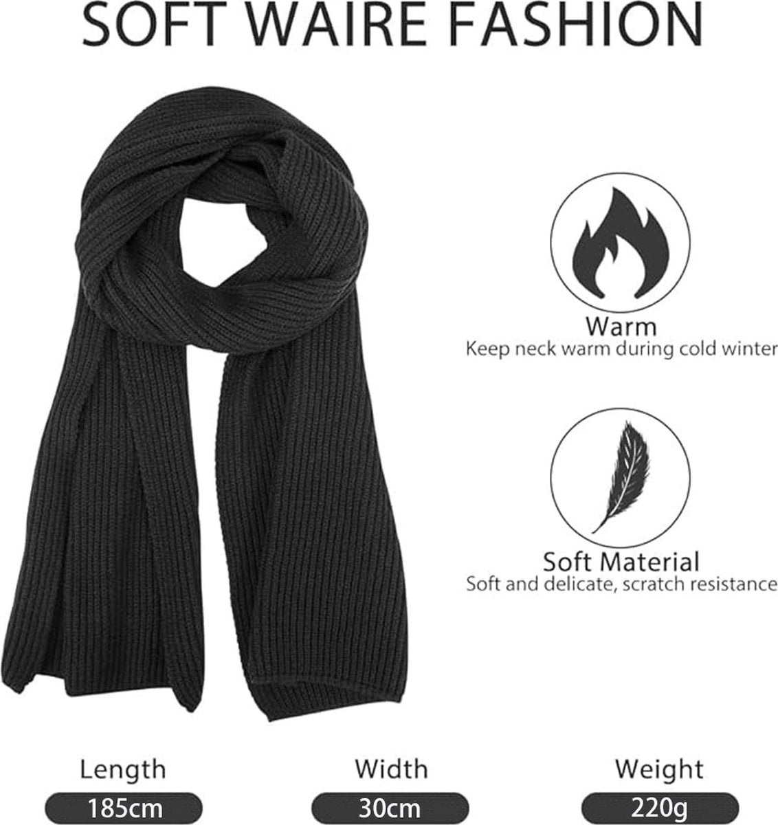 Knitted Scarf for Women & Men - Warm Winter Scarf - Small Scarf - Unisex - Oblong Scarf - Wool Scarf - Winter Warm & Soft - Men's Scarf - Women's Scarf - Finely Woven Scarf - Classic Scarf - Blue - 185 X 30 Cm