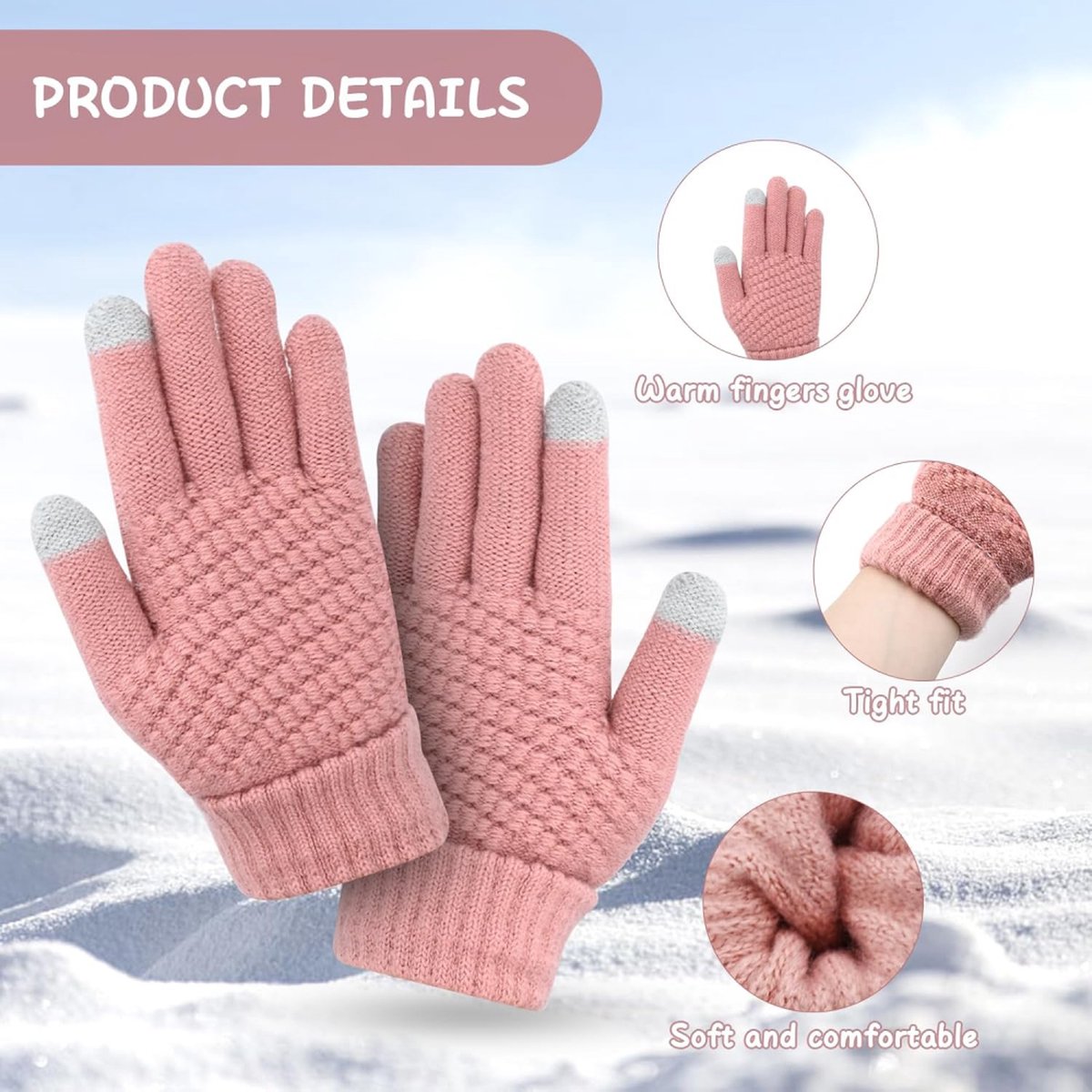 Women's Gloves - Glove - Touchscreen Gloves - Men's Gloves - Warm Gloves - Winter Gloves - Full Finger Knitted Gloves - Windproof Gloves - Splashproof Gloves - Thick - One Size - Pink