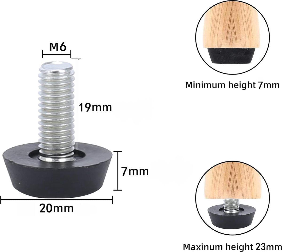 Adjustable Foot - 20 Pieces - Adjustable Feet with Felt Pads - Adjustable Foot M6 - 20mm Dia - Metal Adjustable Foot - 2.6 cm High - Furniture Coaster - Black / Silver - Plastic - Stainless Steel - Adjustable Feet - Felt Pads - Floor Protectors - Floor Gl