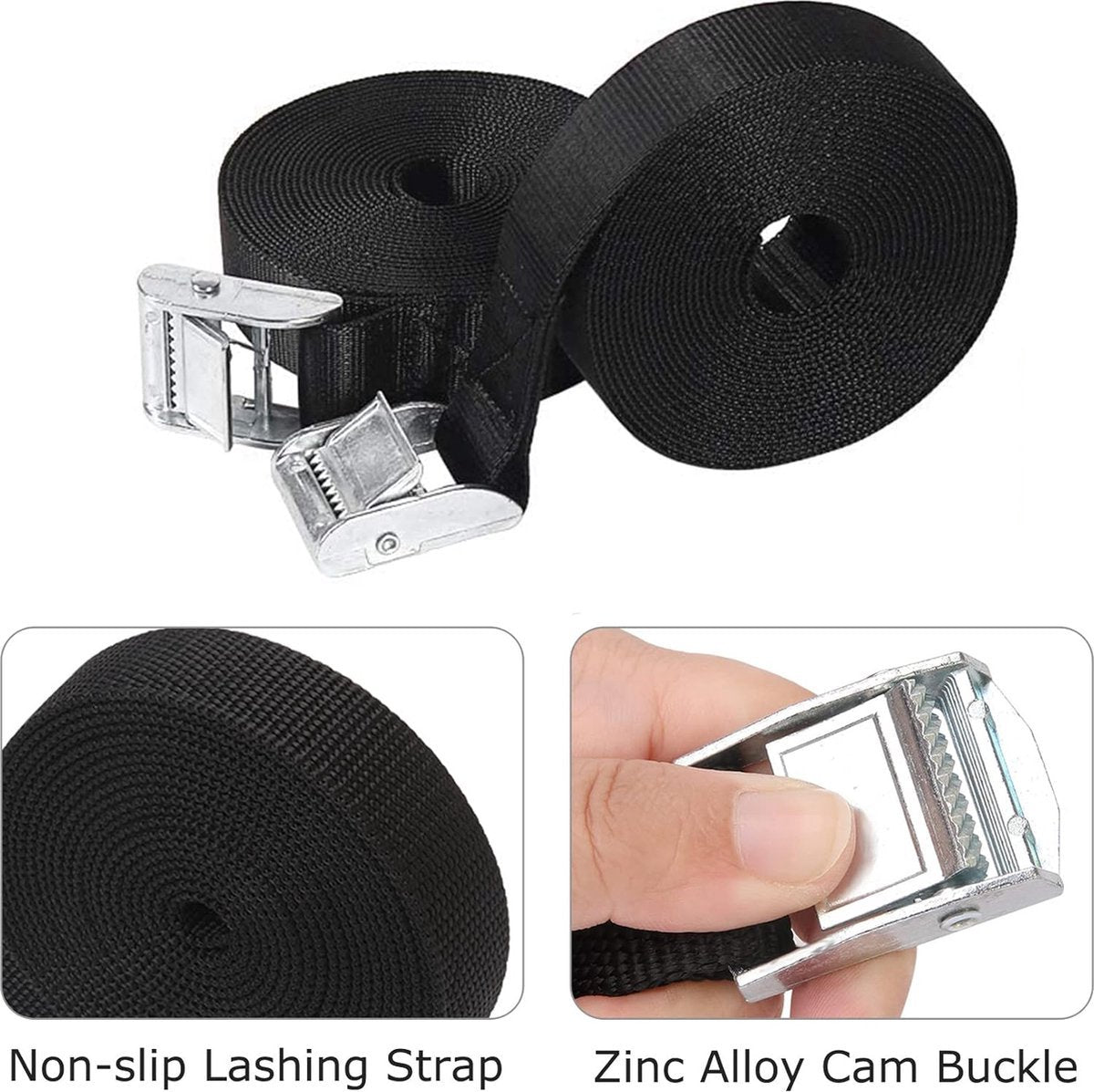 8 High Quality Tie-Down Straps - 20mm X 1m - Lashing Straps / Bicycle Tie-Down Straps with Clamp Buckle - Tie-Down Straps with Metal Buckle - Durable - Sturdy - Portable - Tear-Resistant - Black - Tie-Down Straps - Fastening Straps