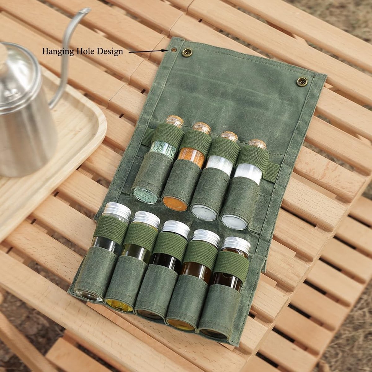 Camping Spice Kit - Portable Spice Bag with 9 Mini Spice Jars - Camping Set Travel Accessories - For Travel, Outdoors, Camping, Barbecue, Picnic - Portable Camping Spice Set