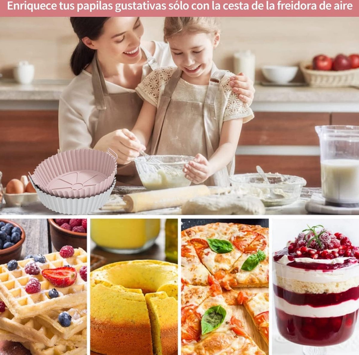 2 Airfryer Silicone Trays - Airfryer Accessories - BPA Free - 20cm - Airfryer Basket - Reusable - Baking Paper Alternative - Airfryer Liner - Round - Airfryer Silicone Baking Paper - Baking Mold - Sustainable - Non-Stick - Dishwasher Safe - Grey/Pink