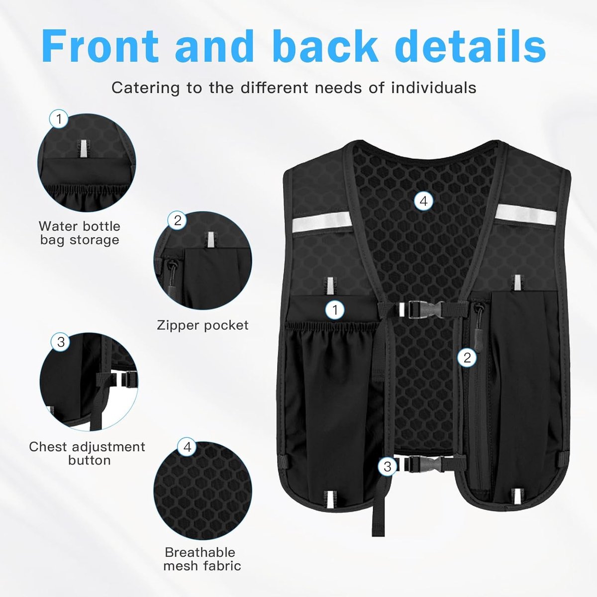 Reflective Running Vest - Running Vest - Running Vest with reflective - With 500ml Flask - Running Vest - running vest drink holder-running vest - Drinking Vest - Ultralight and durable vest - Adjustable - for Cycling, Walking - black