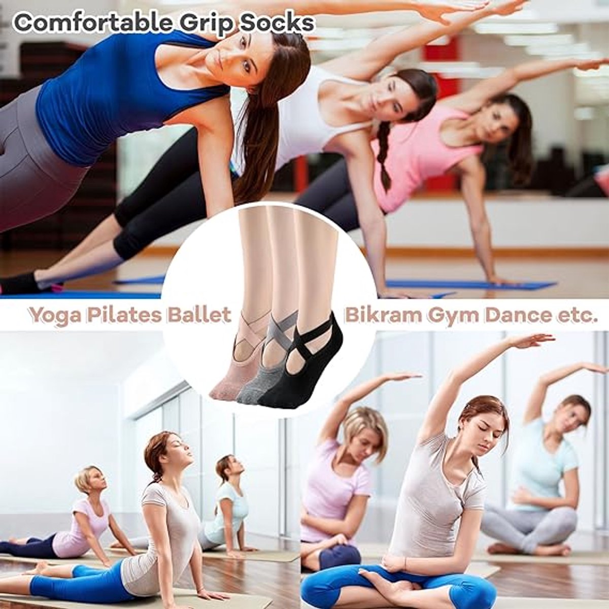 3 pairs of yoga socks - Pilates socks - non-slip socks - sports socks - ballet socks - for yoga pole Pilates dance - black, dark grey and pink