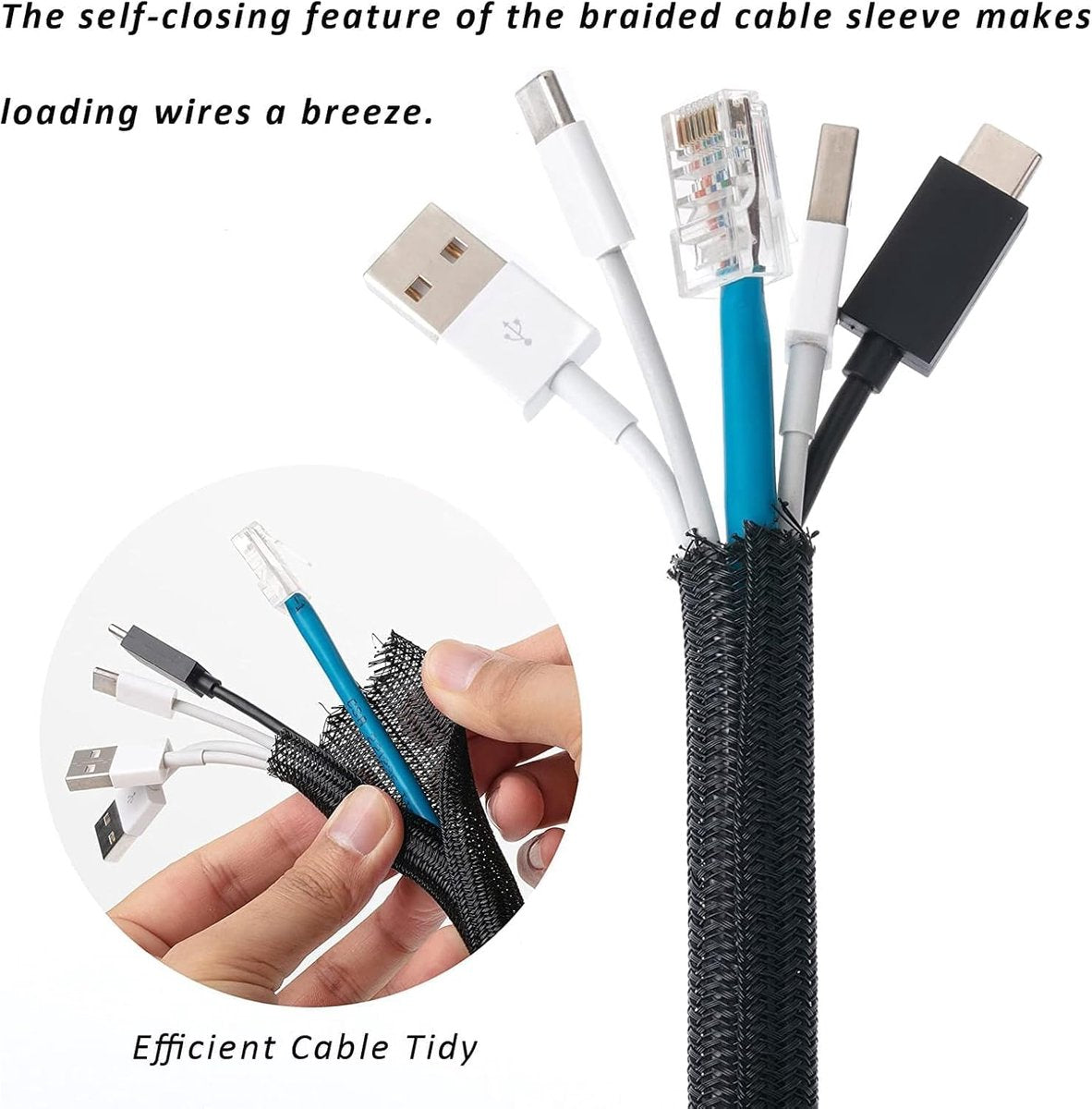3m*13mm - cable protector - cable management - cable sleeve - black cable cover - cable management - cable cover for cable harness - braided cable cover - split and self-rolling cover - for USB cable, power cable, audio and video cable - black
