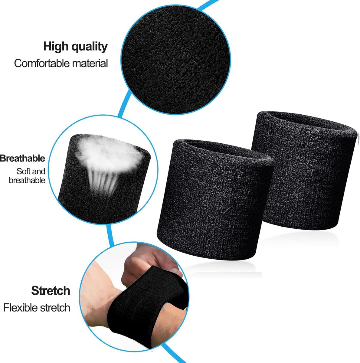 Sports wristband - 2 pieces Sweatbands - Sweatbands - Wrist - Wristbands - Wristbands - wrist headband - sports wristband - sports soft cotton wrist headband - absorbent terry cloth cuff - for gym tennis running basketball - Black