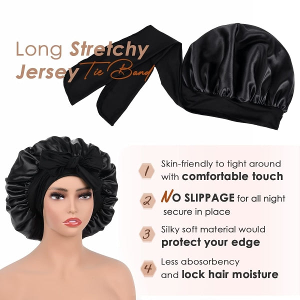Satin Cap Silk Cap For Sleeping Double Layer Satin Lined Hair Cap With Ribbon Bonnet For Women Naturally Curly Hair Black black