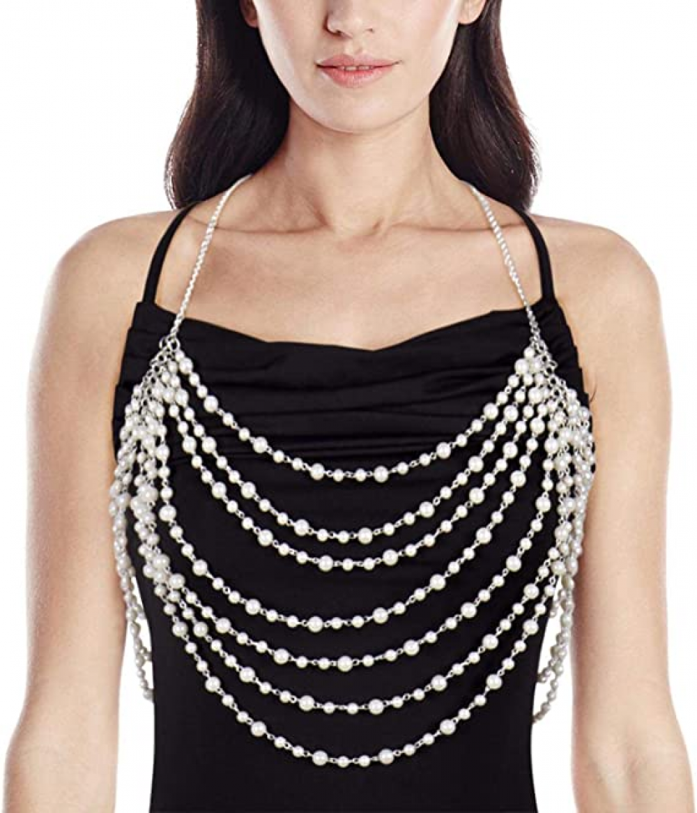 Pearl Body Chain for Women, Gold Multi-layer Necklace for Backless Dresses and Bikinis, Bridal Jewelry