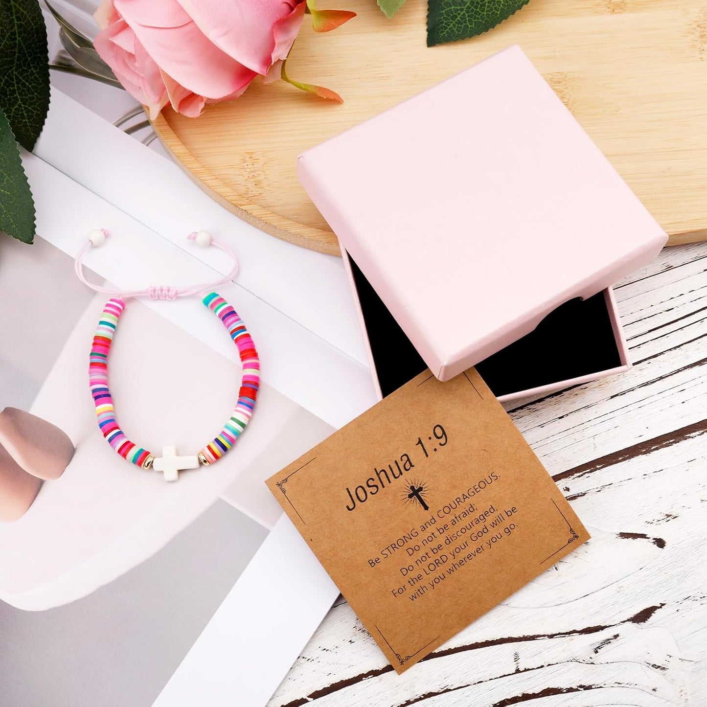 Cross Bracelet for Girls, Colorful Polymer Clay Christian Jesus Religious Confirmation Bracelet with Motivational Card First Holy Communion Gifts for Daughter Sister Teenage Girls
