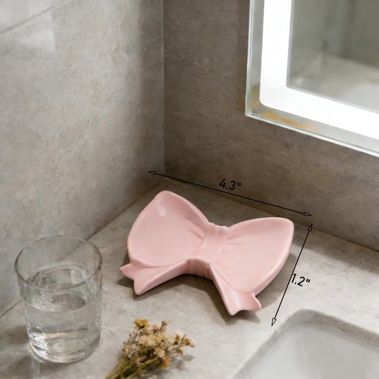 Bow Soap Dish - Ceramic Soap Organizer with Pink Bow - Bathroom Decor, Sponge Holder for Sink, Jewelry Storage Box, Bathroom Countertop Accessories (Pink)