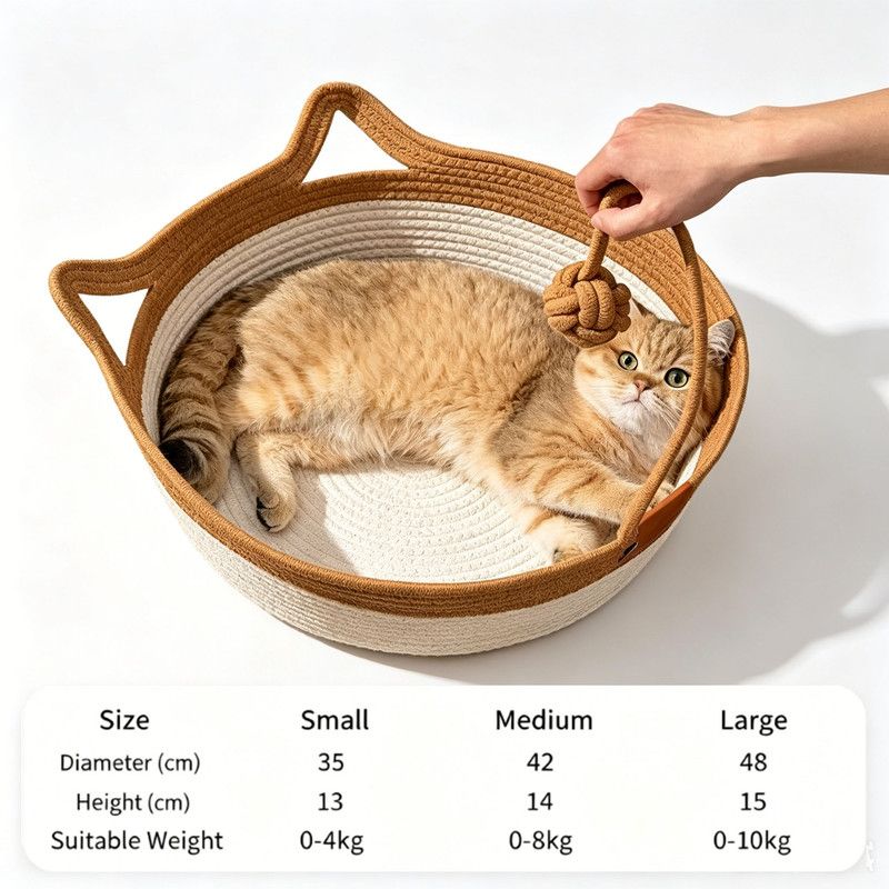 Cat Bed Rope Cotton, Cotton Rope Woven Round Cat Beds Basket with Built-in Teasing Ball, Handwoven Foldable Scratchable for Small & Large pet Brown(S)