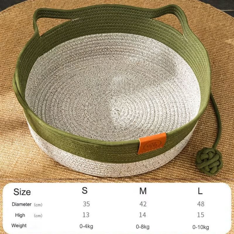 Cat Bed Rope Cotton, Cotton Rope Woven Round Cat Beds Basket with Built-in Teasing Ball, Handwoven Foldable Scratchable for Small & Large pet Green(S)