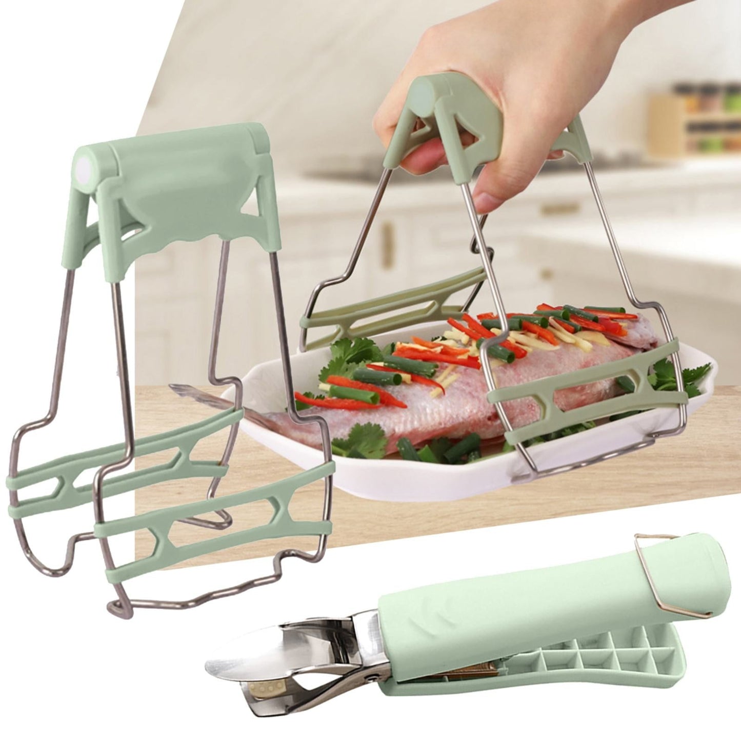 JWDX Food Clips Clearance, Stainless Steel Anti Hot Bowl Dish Plate Clip Clamp Holder for Moving Hot Plate Or Bowls with Food Out From Microwave Oven Kitchen Tool Tongs for Cooking Green