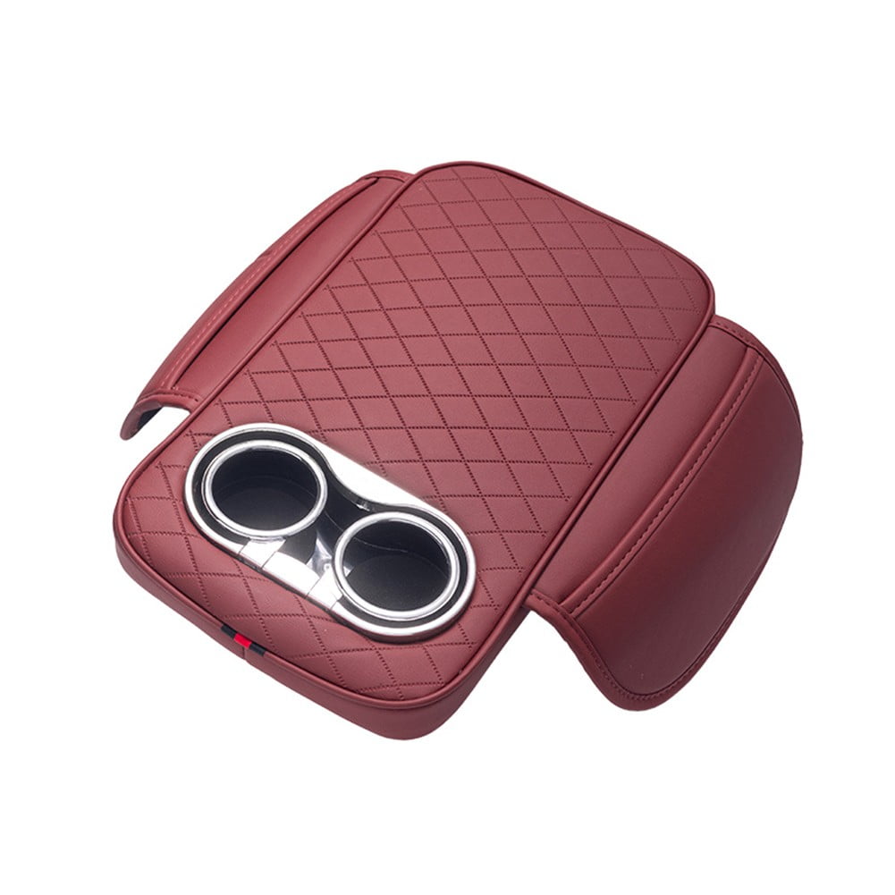 Car Armrest Cushion With 2 Cup Holder And Side Pocket Pu Leather Black