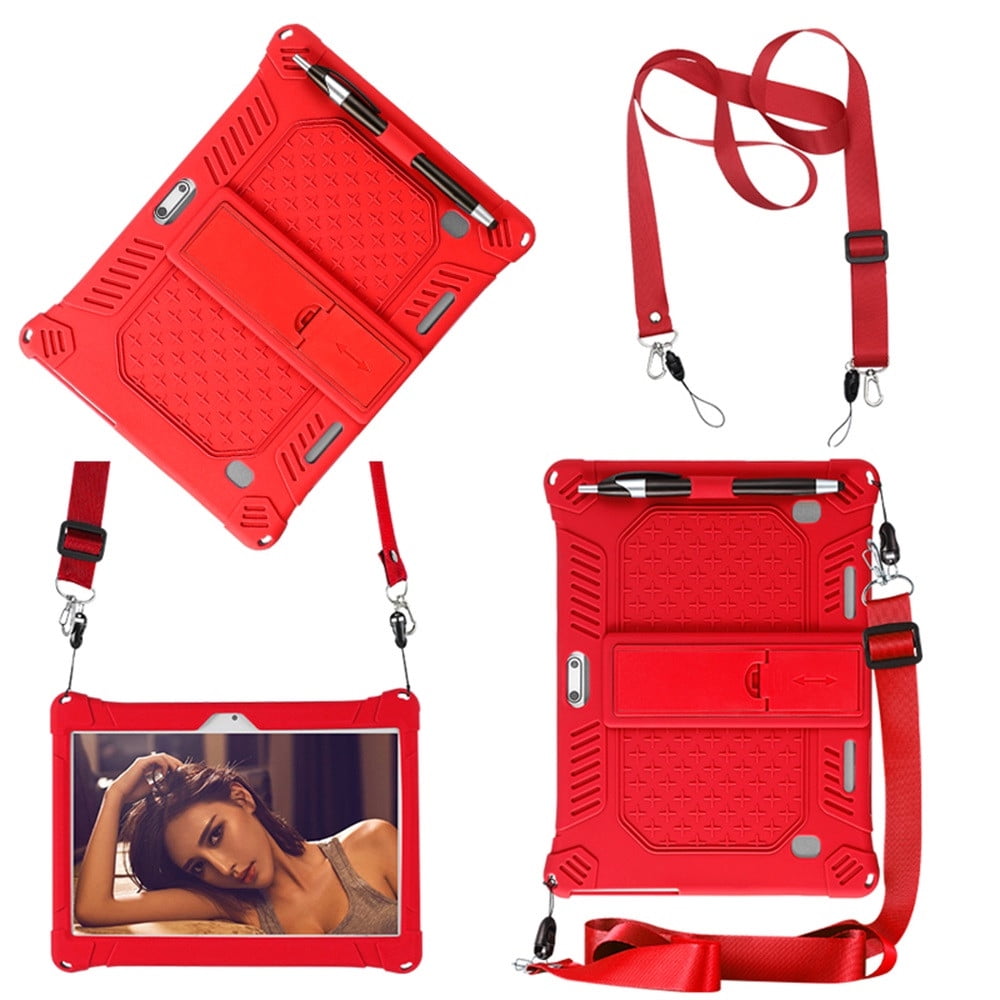 10,10.1 inch Silicone Tablet Case with Stylus Pen & Shoulder Strap, Universal Shockproof Silicone Cover Case,Soft Portable Protective Cover for Android Tablet PC Red