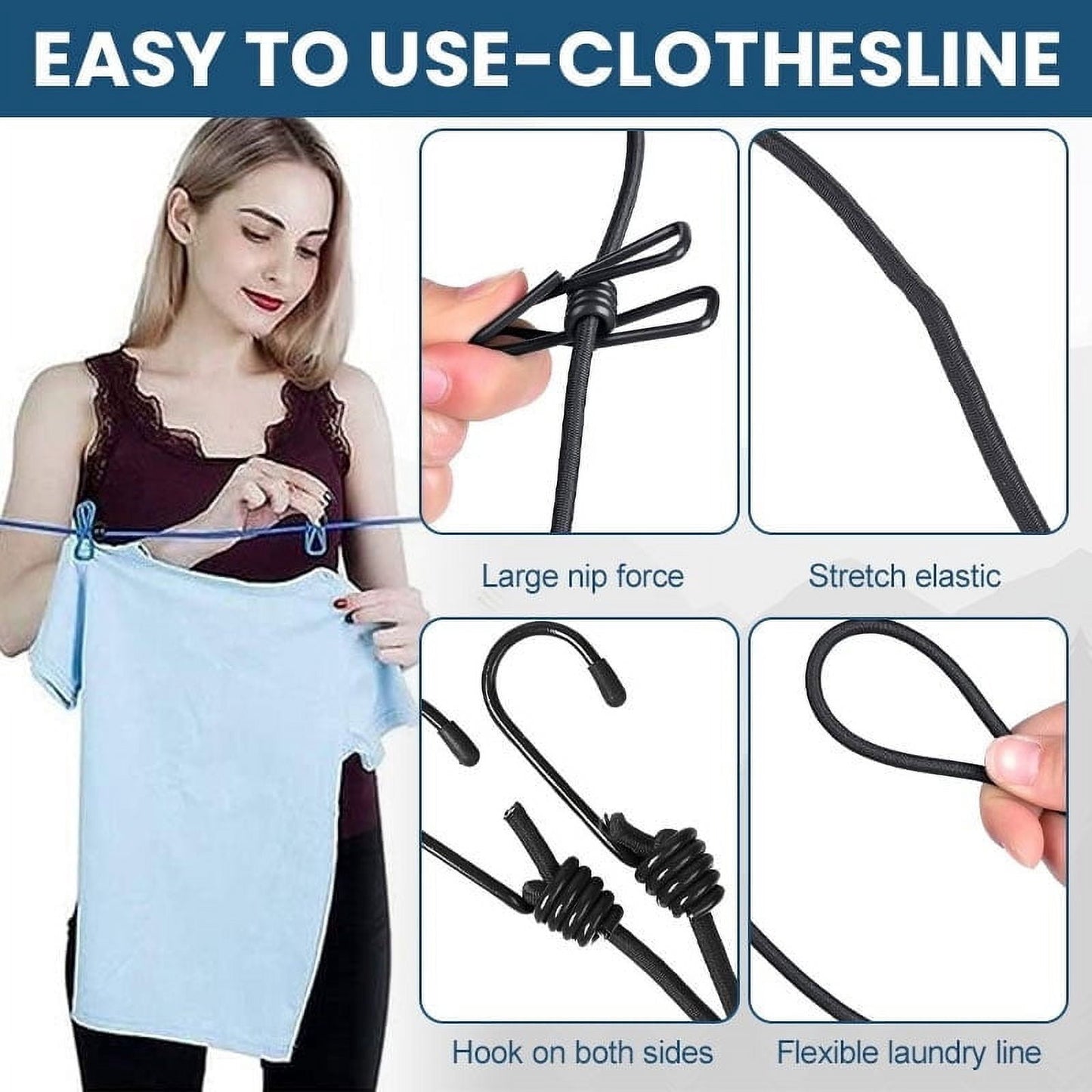 Portable Clothesline for Travel, Camping, and RV – Windproof Elastic Clothesline with 12 Clips, 6ft Length, Non-Slip, Space-Saving, Easy to Hang – Ideal for Backyard, Bathroom, and Outdoor Use Blue