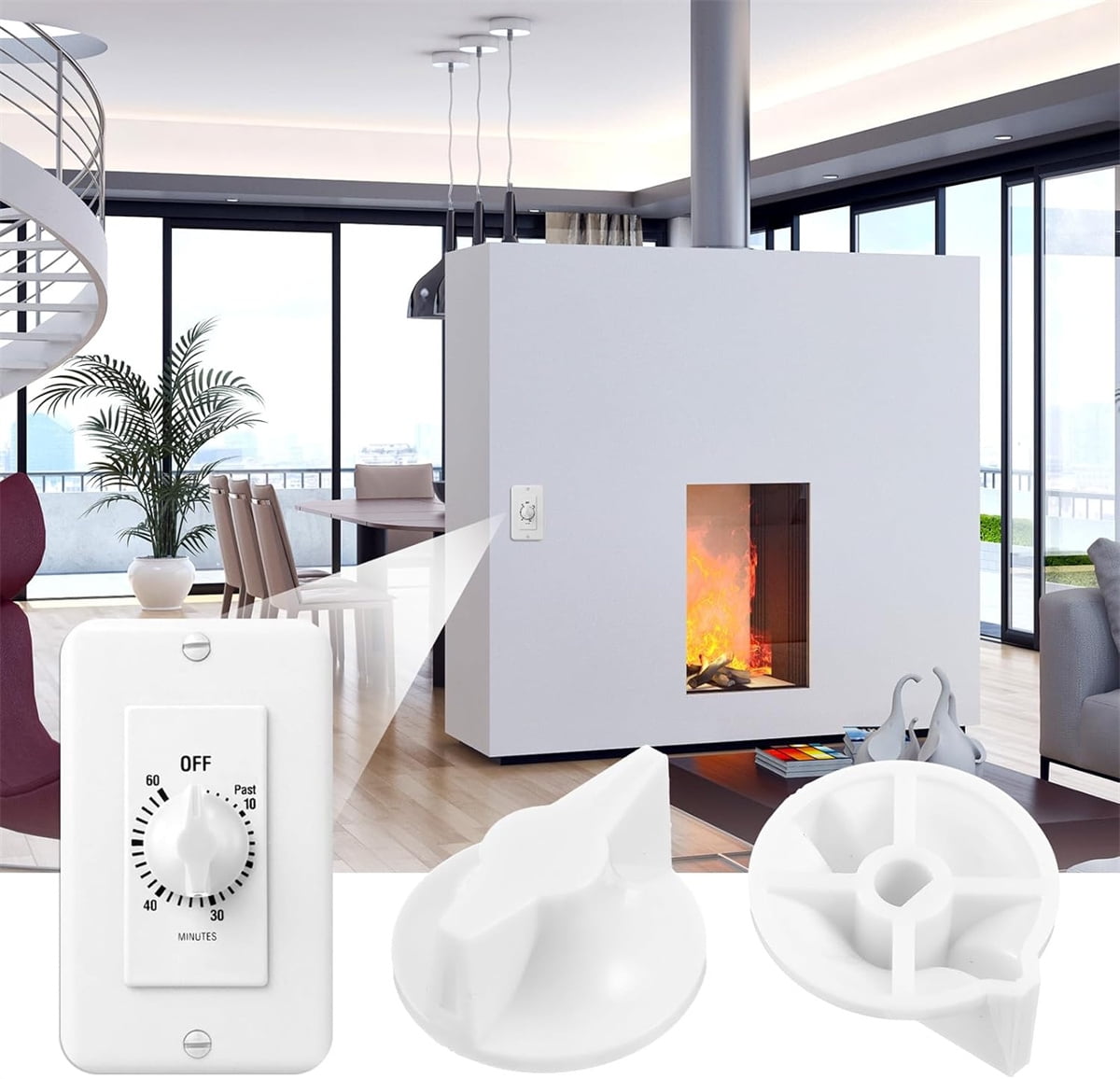 Tutuviw 2 Pack Timer Switch Knob Replacement Timer Switch Knob Compatible Spring Wound Timers D-Type Timer Knob for Wall Bathroom Fan Motor Heater Light (White)