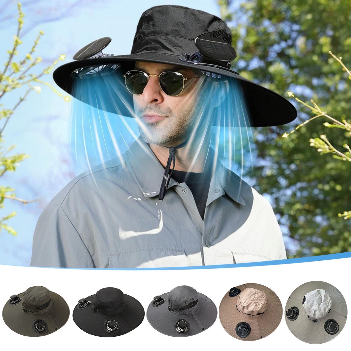 Darzheoy Solar Fan Hat Wide Brim Solar Fan Hat Outdoor Wide Brim Sun Hat with Solar Fan Fishing Hat, Removable & USB Charging Fan C-Gray