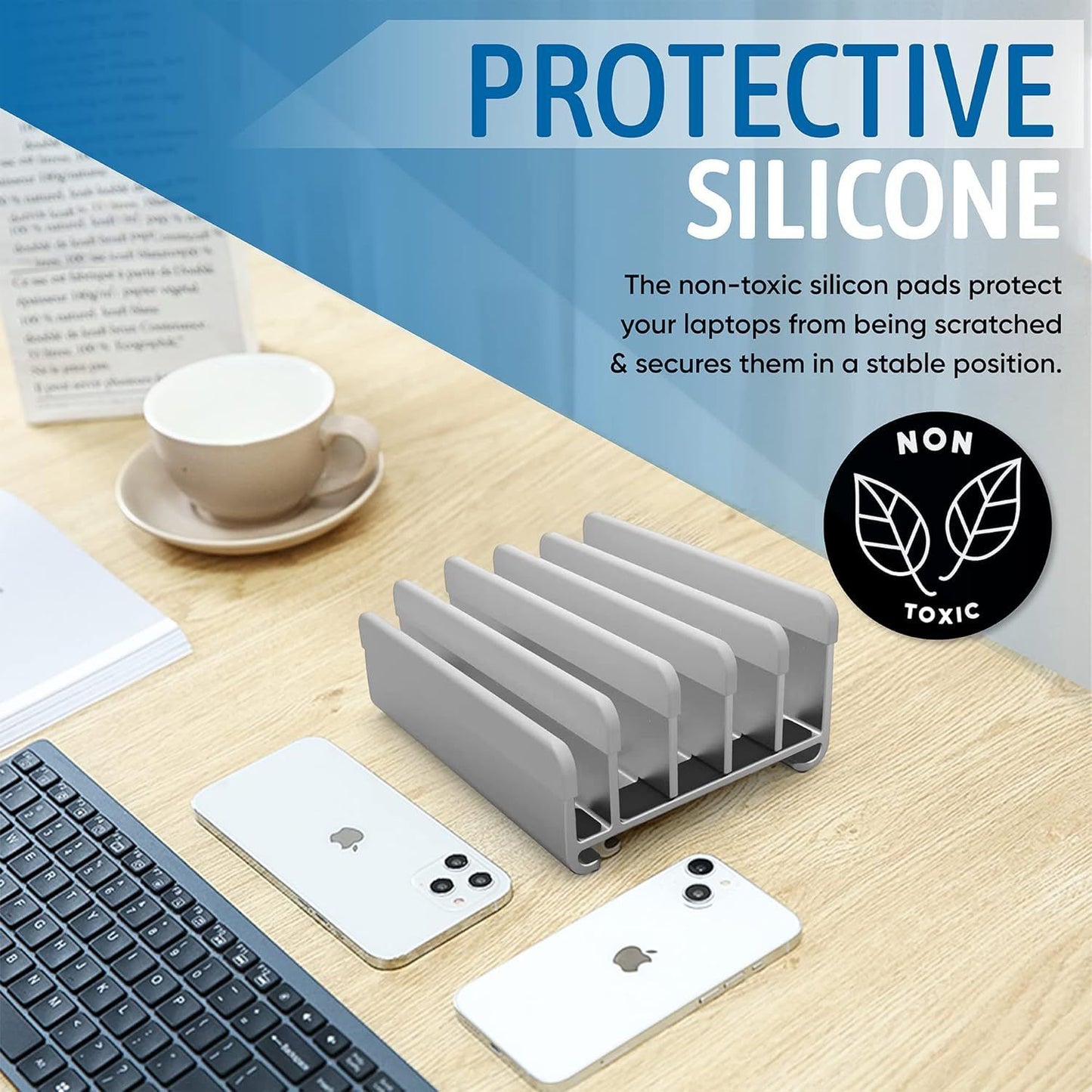 Adjustable Laptop Stand - Fits 5 Devices, Modern Design, Tool Free Adjustment, Protective & Stable | Grey (Grey, 5 Slots)