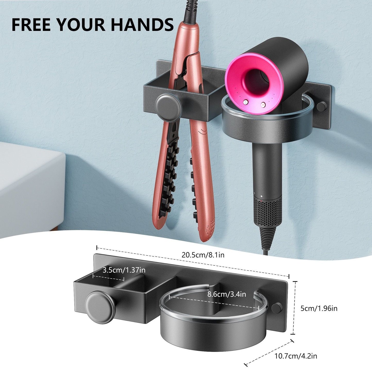 Hairdryer Holder Wall Mounted Hair Straightener Holder, Blow Dryer Holder, aluminum alloy Hair Tool Organizer for Straighteners, Hair Dryer, Brush, Curling Iron