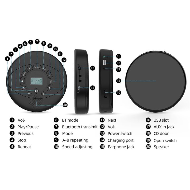 CD Player Portable,discman Rechargeable,Walkman CD Player with Speaker, Headphones,CD-R,MP3 USB playable,Anti Skip CD Playing for car,Suitable for Personal or Multi-Users,Black