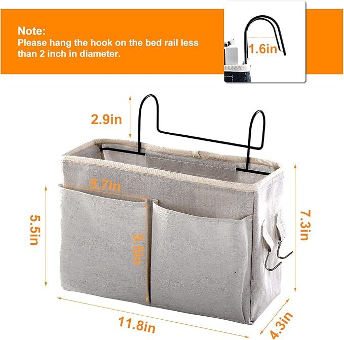 2-Pack Bedside Caddy, Bedside Hanging Storage Organizer for College Dorm Beds, Bunk Beds and Hospital Beds Rails, The Hanging Basket Can be Placed Magazine, Books, Phones,kettle, Glasses (Grey)