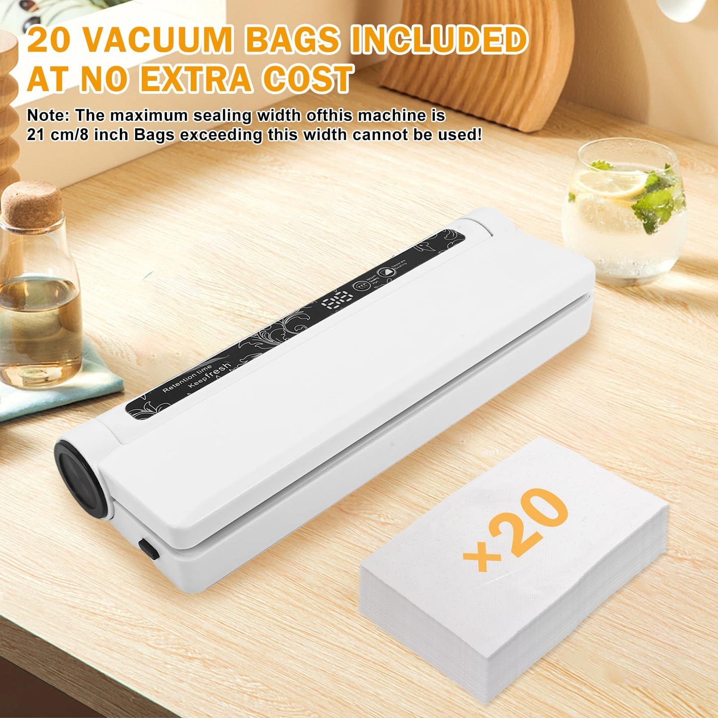 Food Vacuum Sealer Machine, 60KPA Strong Suction, Dry/Wet Modes, 20 Vacuum Seal Bags for Food, Digital Countdown Timer, Compact Lightweight, Ideal for Home Kitchen Use(white8.5*9.5*4cm)