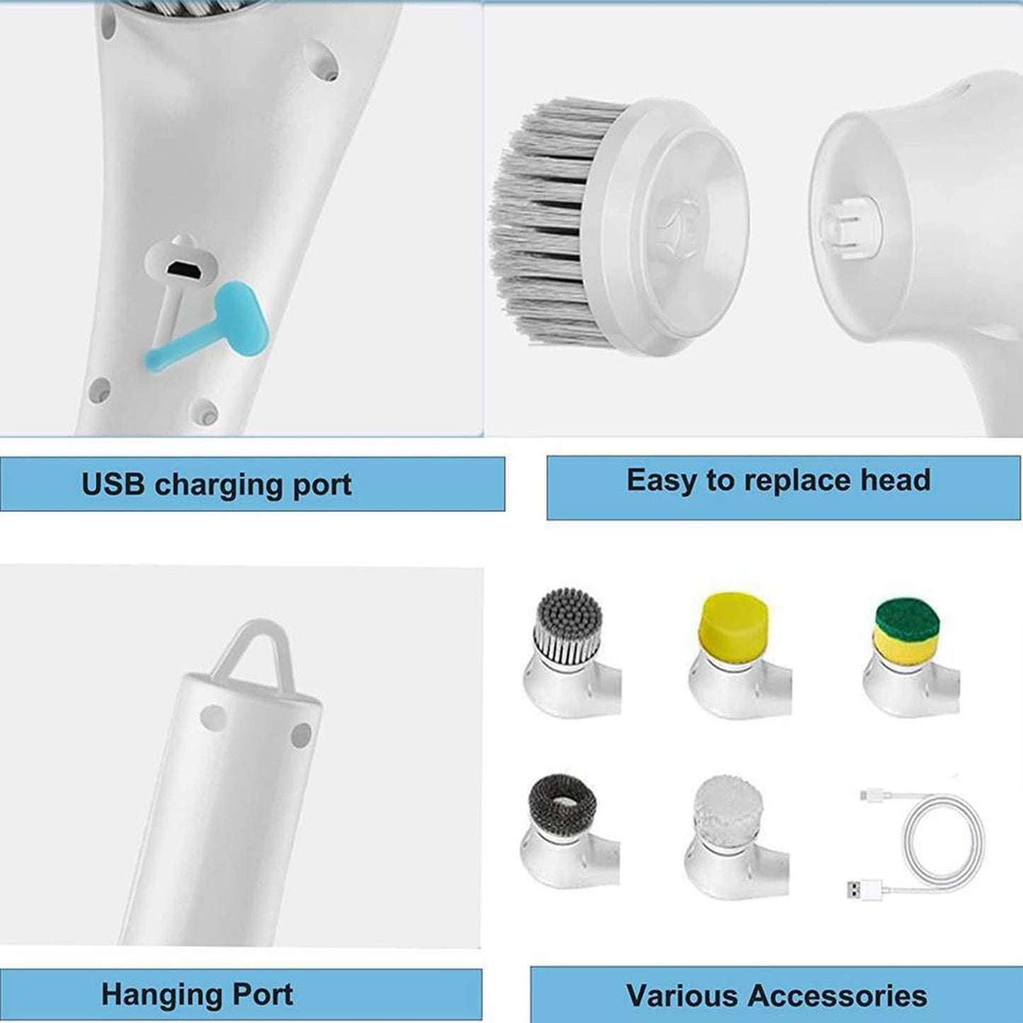 Electric Spin Scrubber, Handheld Cordless Rechargeable Electric Cleaning Brush with 5 Replaceable Heads,Power Cleaning Brush for Kitchen, Dish, Floor, Bathroom, Glass24.5*4.5*8.5cm,white