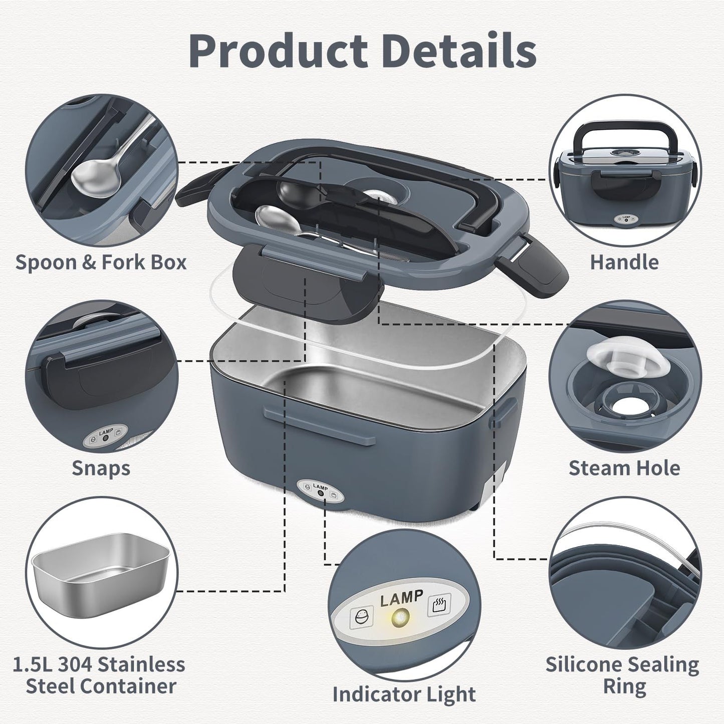 Electric Lunch Box, 2 in 1 Heated Lunch Box for Adults, Portable Heating Lunch Box with 1.5L Removable Stainless Steel Container for Office/Car/Truck, 110V 12V, 80W-60W, Black Grey