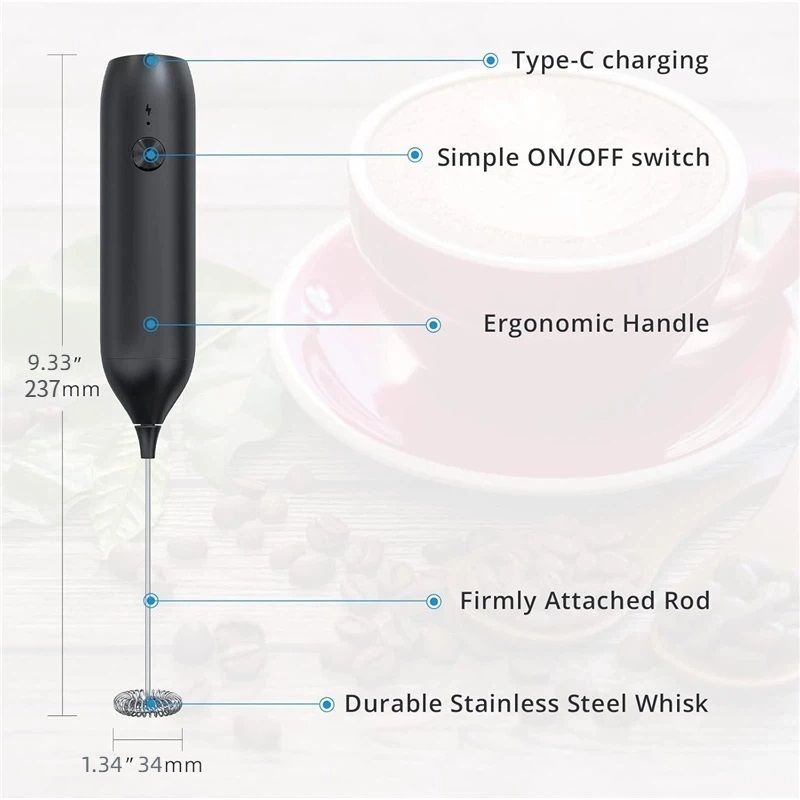 Rechargeable Milk Frother Handheld, Coffee Frother Wand Drink Mixer with Stainless Steel Whisk for Coffee, Cappuccino, Lattes, Frappe, Matcha and Hot Chocolate, Black