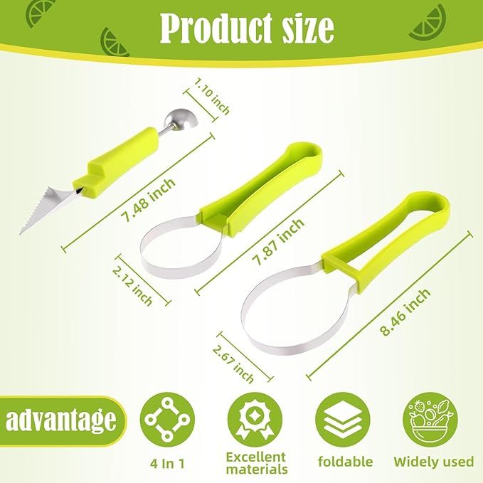 Melon Baller Scoop Set,4 In 1 fruit cutters shapes, watermelon scooper fruit scooper and baller, fruit carving tools(Green)