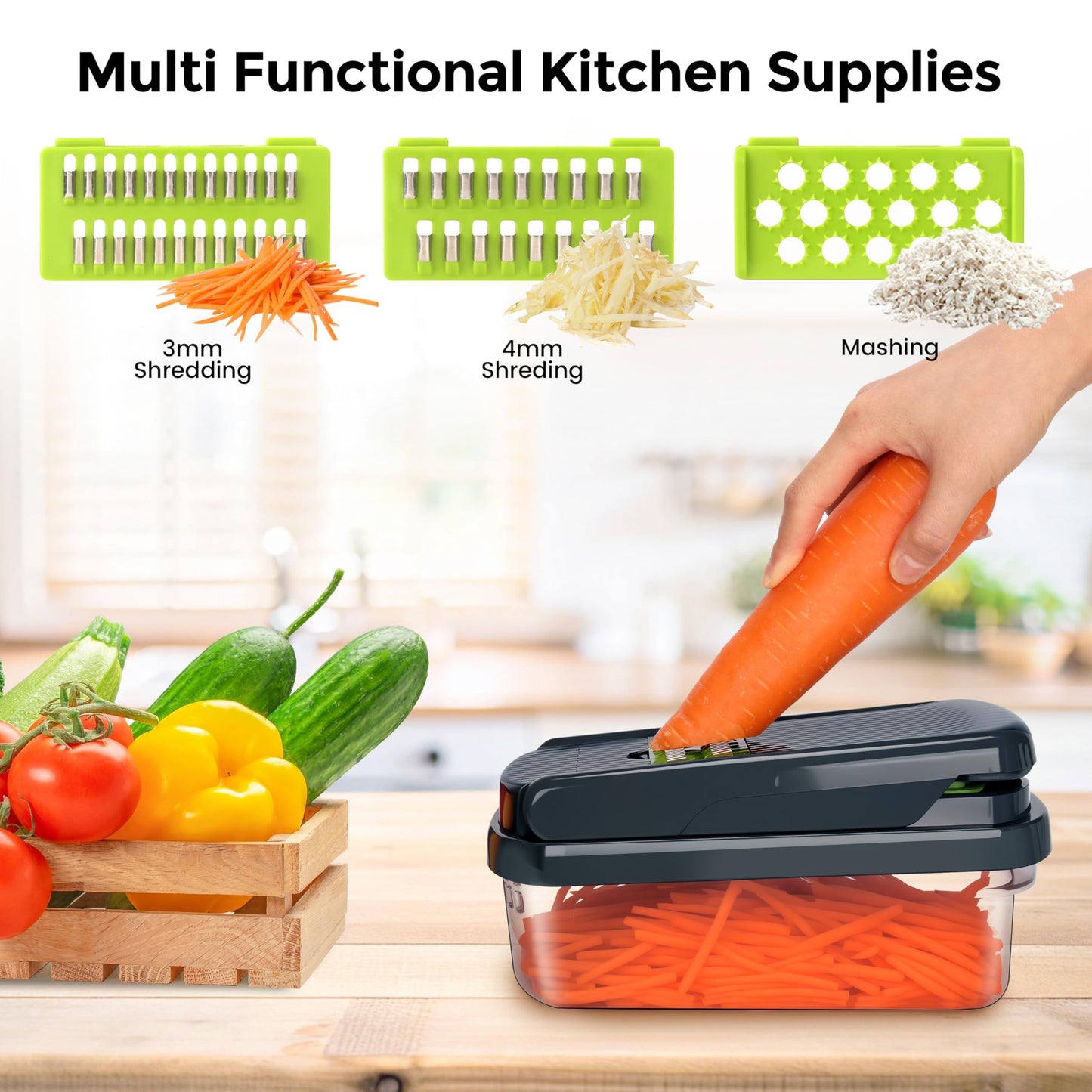 Vegetable Chopper, 7 Blade Veggie Chopper, Practical Food Chopper with Container, Cheese Grater, Home Essentials & Kitchen Gadgets(Green/Grey)(32*11*11cm)