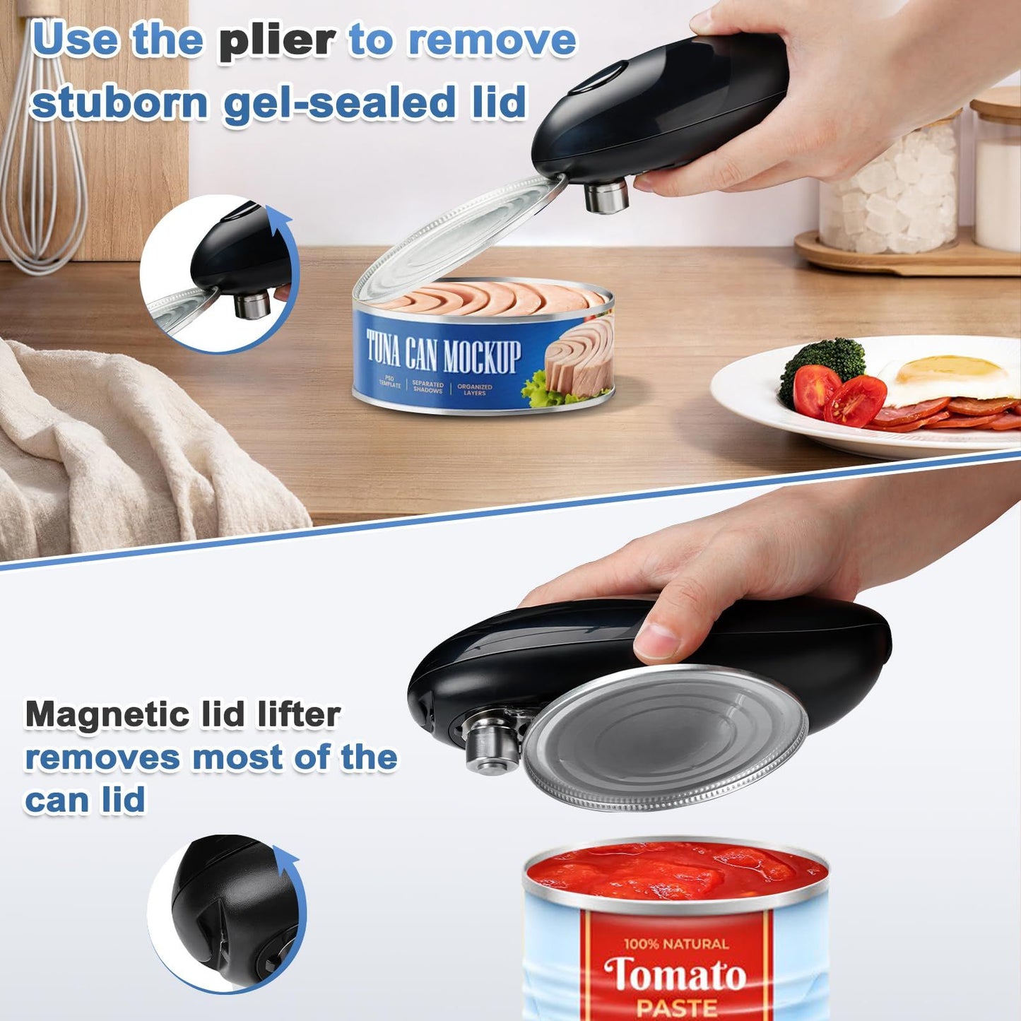 Auto Electric Can Opener: Open Your Cans with A Simple Press of Button - Automatic, Hands Free, Smooth Edge, Food-Safe, Battery Operated, Black(15.9*6.4*6.4cm)(Need to bring your own battery)