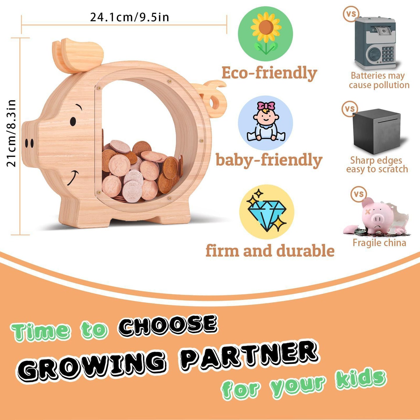 Wooden Piggy Bank for Kids Cute Money Bank for Boys and Girls Clear Wood Money Box Personalized Saving Money Jar, Creative Present for Children Birthday Chrismas & Decor (Naturl Wood, Standard)